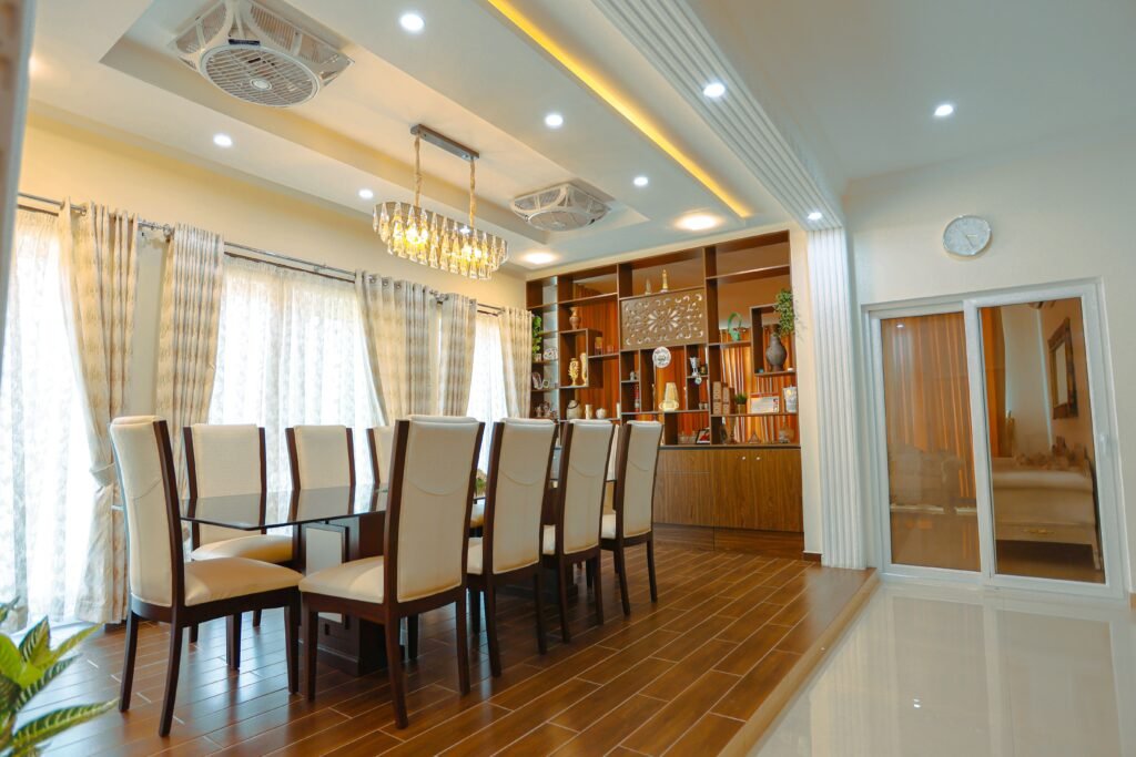 Spacious dining room featuring luxurious modern furnishings in Islamabad, Pakistan.